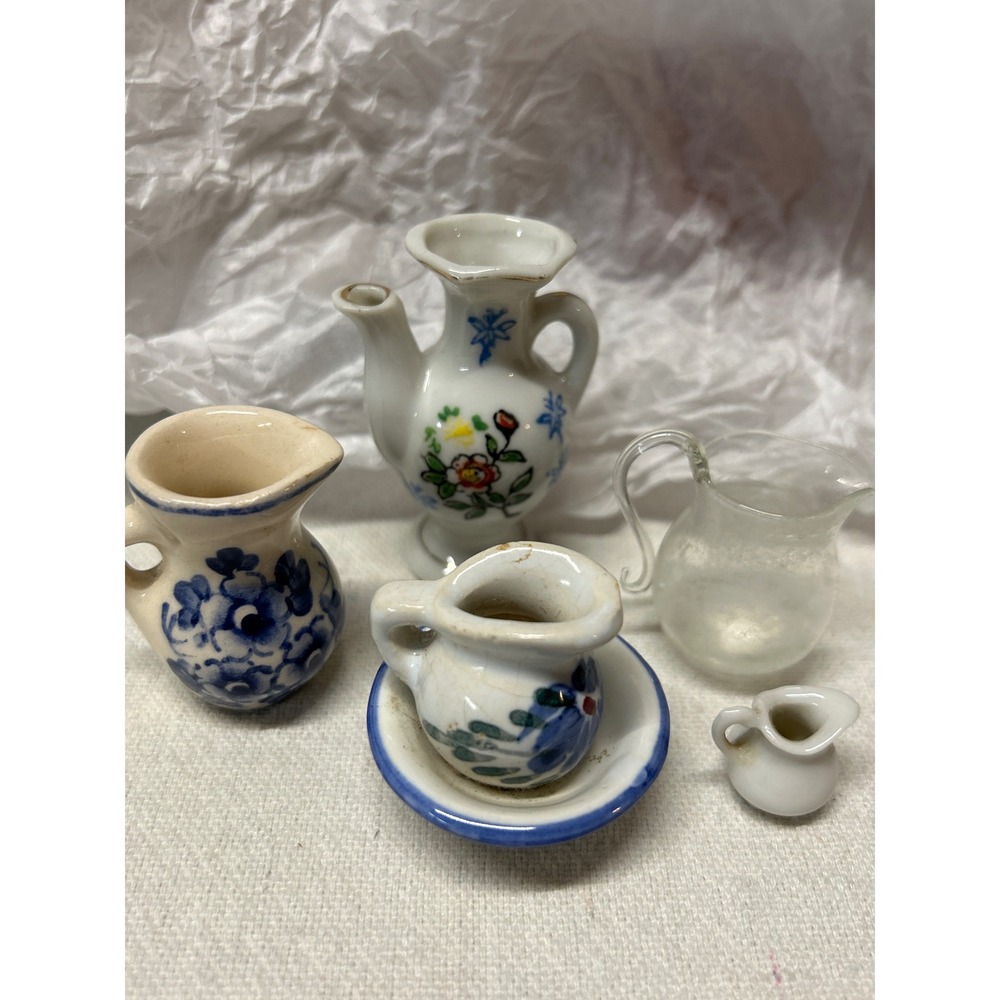 Vintage Miniature Dollhouse Porcelain Glass Pitchers 5 Japan Delft Blue White